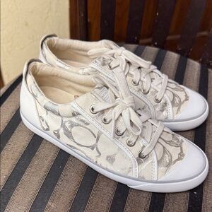 Coach Cream & Silver Logo-Print Low-Top Sneakers